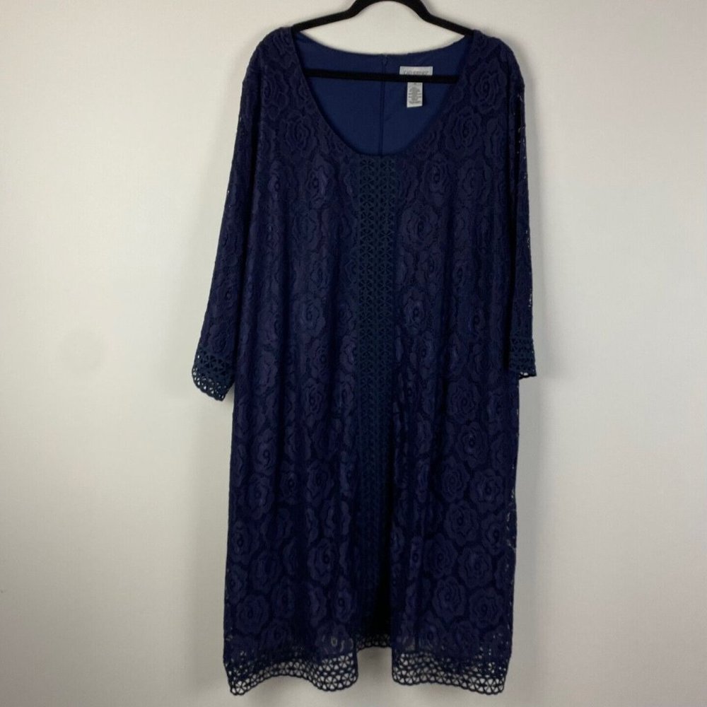 Catherines Shift Dress Womens 4X Floral Lace 3/4 Sleeves Scoop Neck